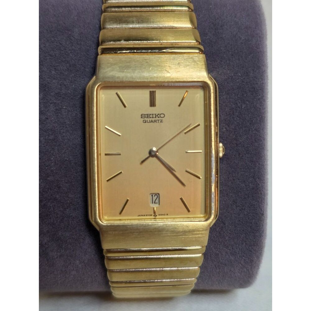 Vintage Seiko Quartz Tank Gold Tone Date Rectangular Dress Watch 5Y32 Works